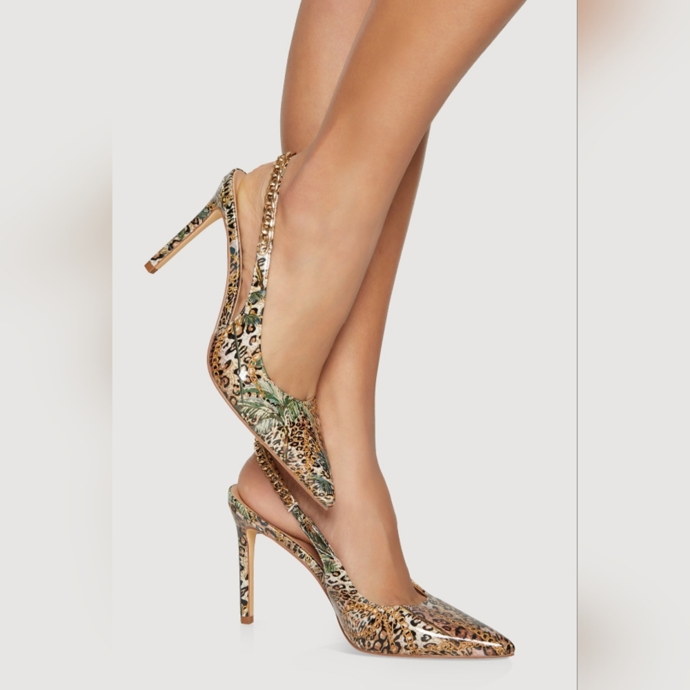 NWT LEOPARD PRINT POINTED TOE STILLETTO HEEL PUMPS CHAIN DETAIL: SIZE 8.5! - Picture 5 of 16